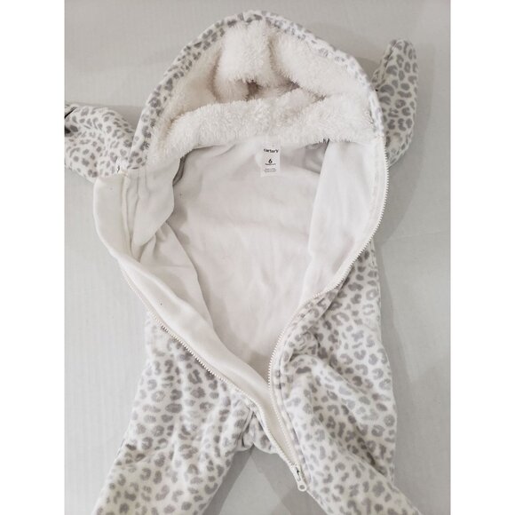 Carter's white and gray leopard, fold over mittens, hooded snowsuit, size 6M - Picture 6 of 12
